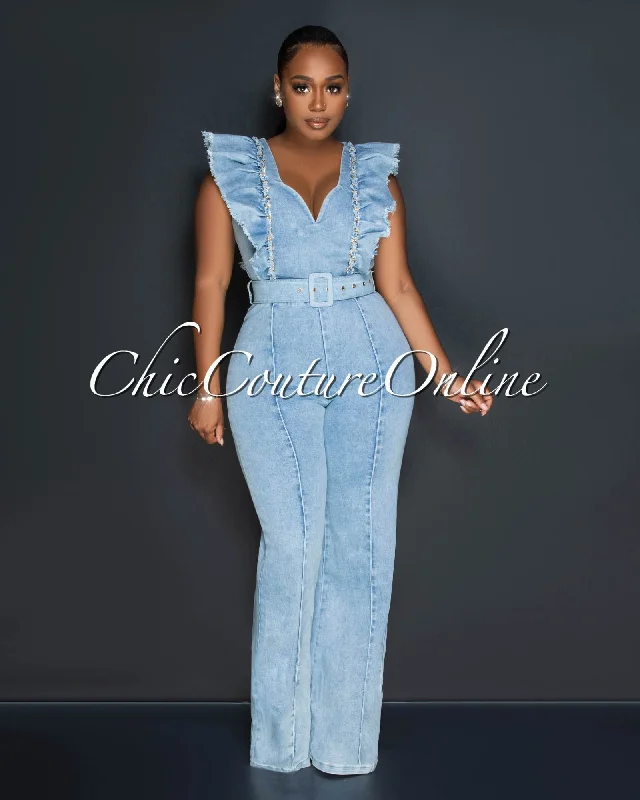 Watson Light Denim Gold Link Ruffle Jumpsuit