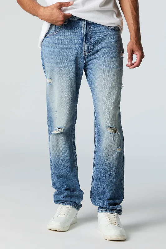 Medium Wash Distressed Straight Leg Jean