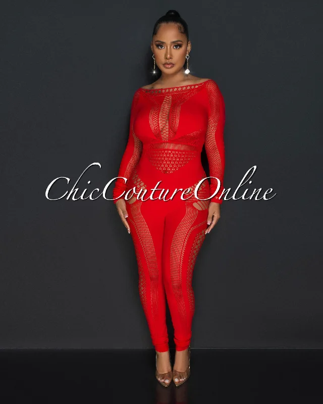 Duarte Red BodyCon Sheer Perforated Jumpsuit