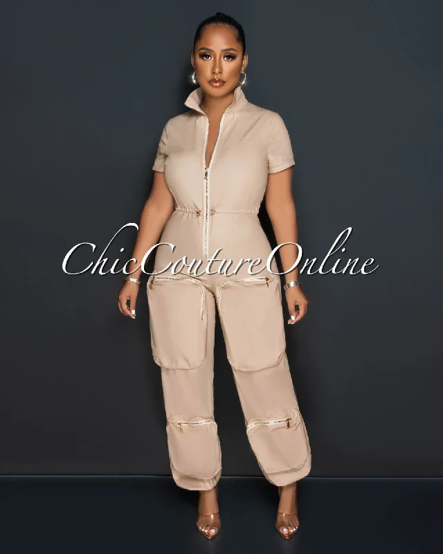 Morcan Nude Cargo Pockets Jogger Jumpsuit