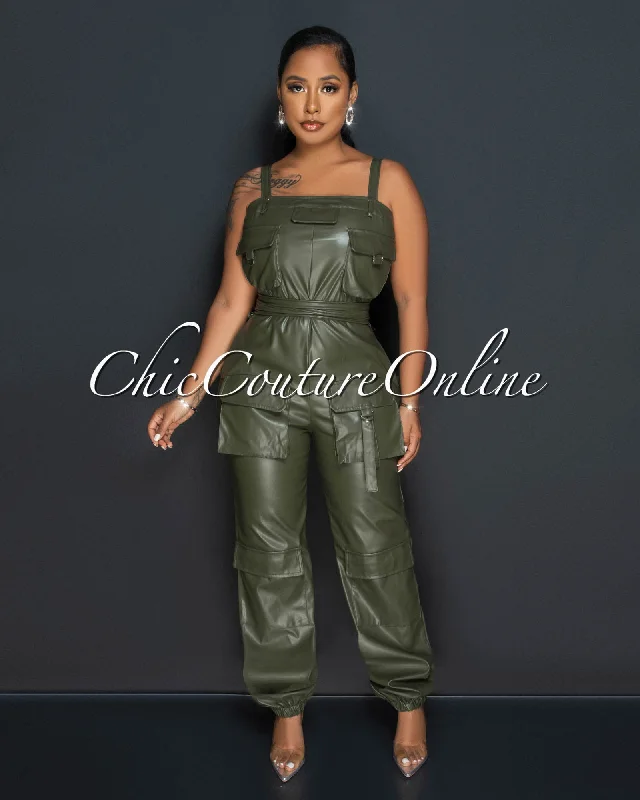 Samuela Olive Green Vegan Leather Cargo Jogger Jumpsuit