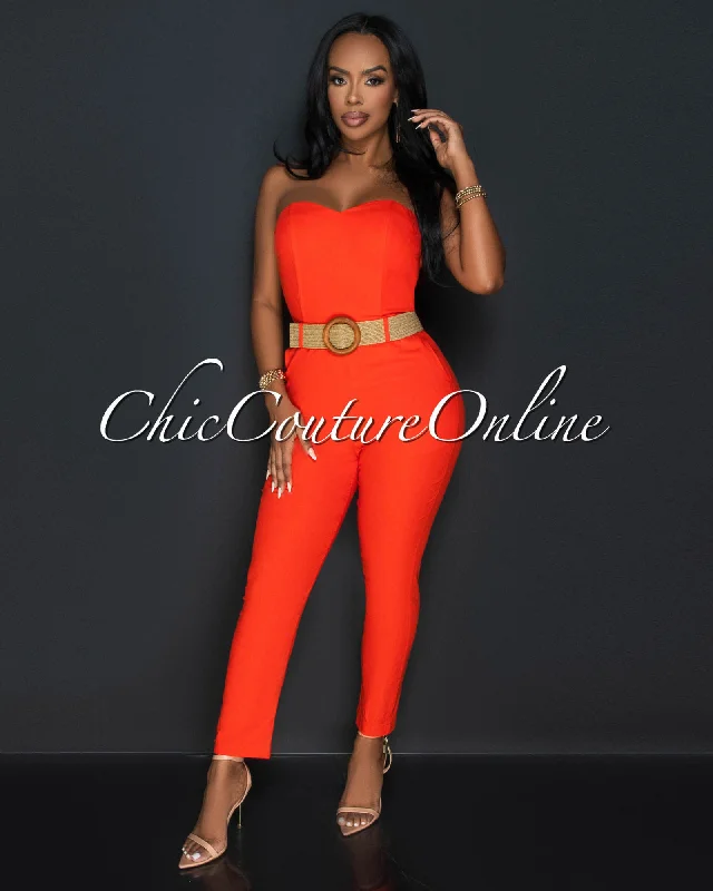 Kristi Orange Strapless Woven Belt Slim Legs Jumpsuit