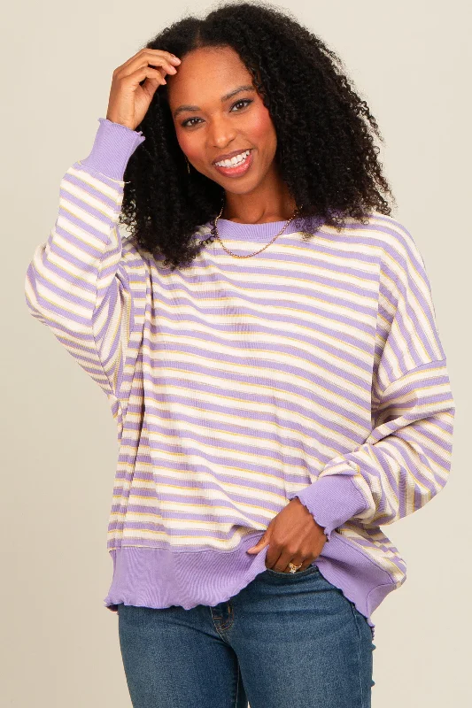 Lavender Striped Ruffle Hem Long Sleeve Top