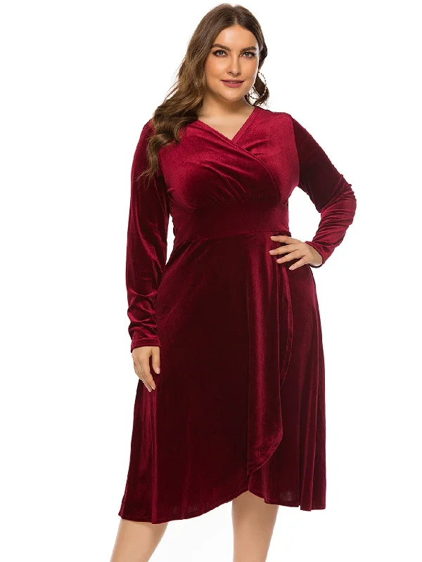 KittenAlarm - Plus Size High-low Velvet Long Sleeve Party Dress