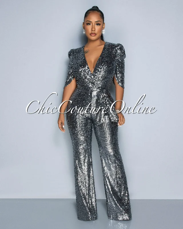 Mellie Silver Black Sequins Bubble Sleeves Jumpsuit