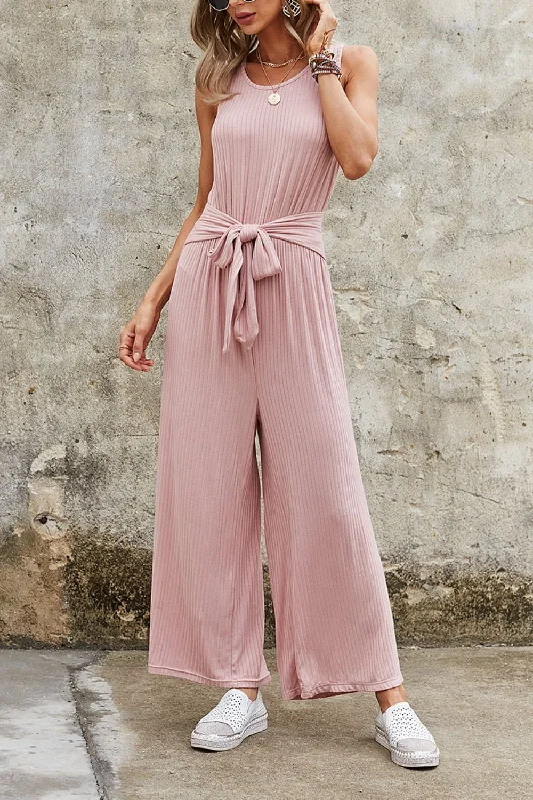 Ribbed Scoop Neck Tie Waist Sleeveless Jumpsuit