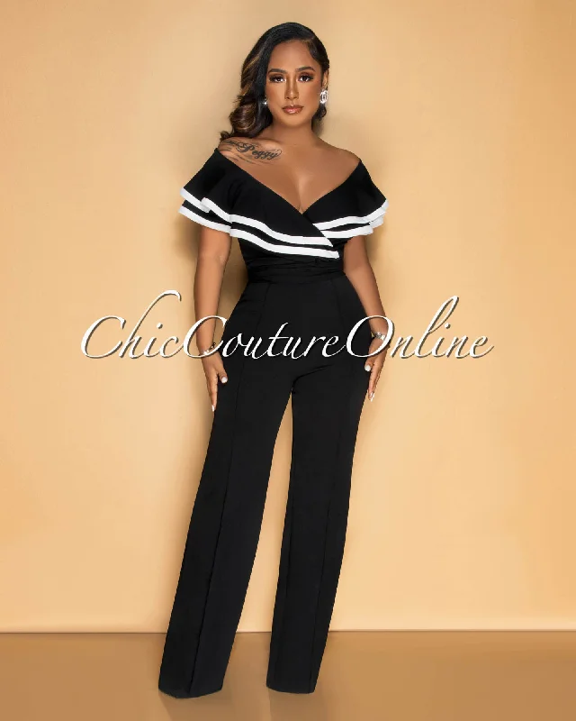 Mara Black White Trim Ruffle Bust Jumpsuit