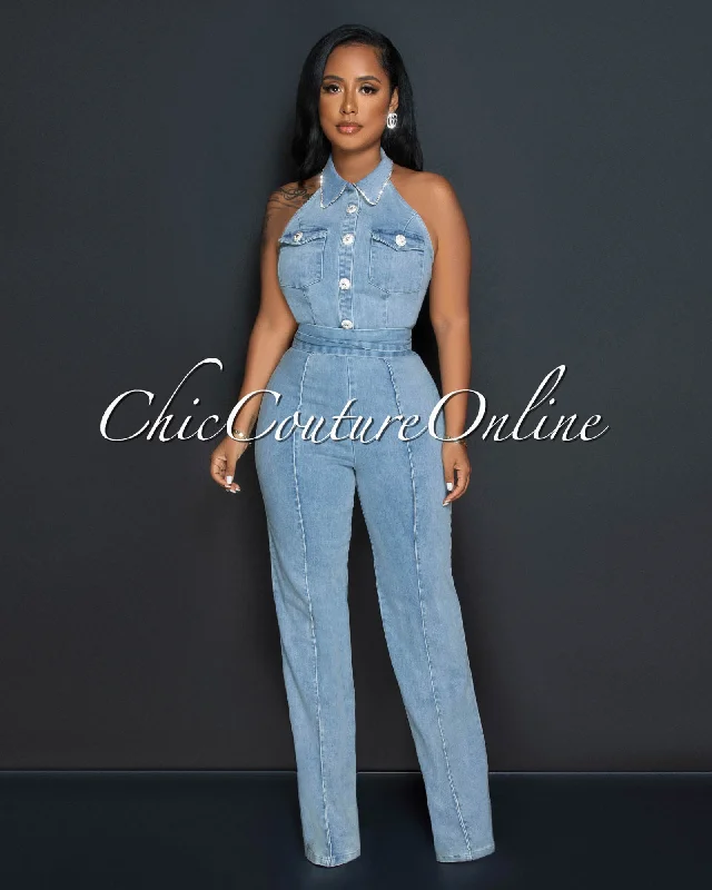 Stoney Light Denim Rhinestones Buttons Halter Jumpsuit