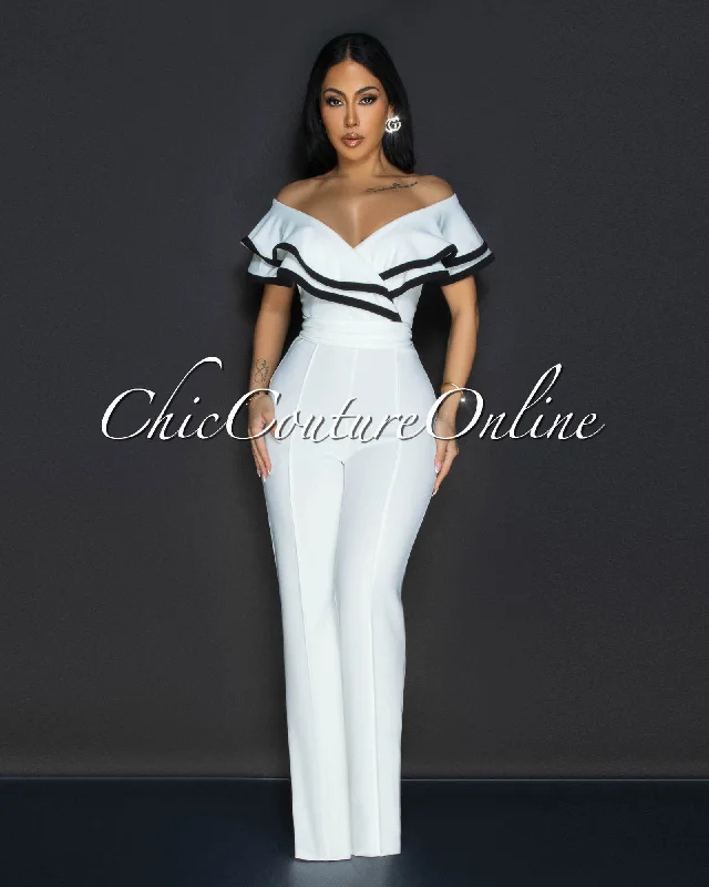 Mara White Black Trim Ruffle Bust Jumpsuit