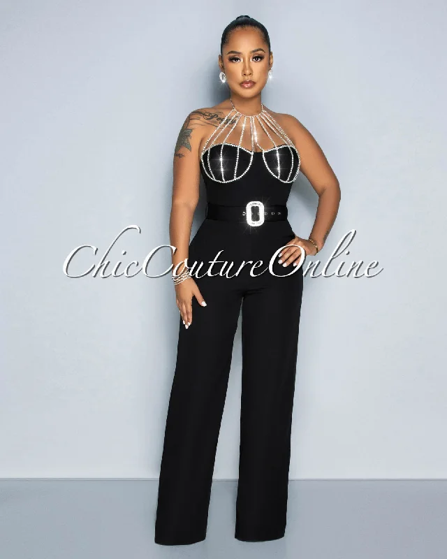 Paula Black Rhinestones Neckline Silver Buckle Belt Jumpsuit