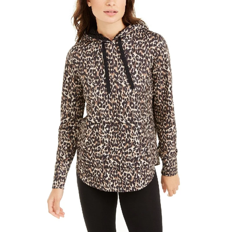 Ideology Women's Leopard Round-Hem Hoodie Beige Khaki Size Large