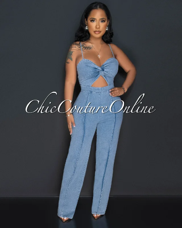 Velicia Light Denim Bust Knot Jumpsuit