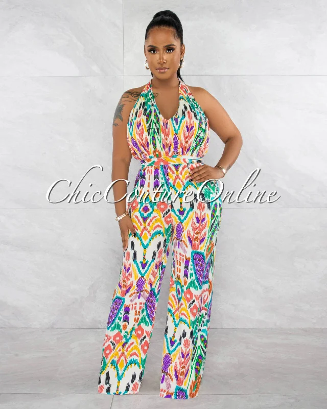 Beya Ivory Multi-Print Pleated Top Halter Jumpsuit