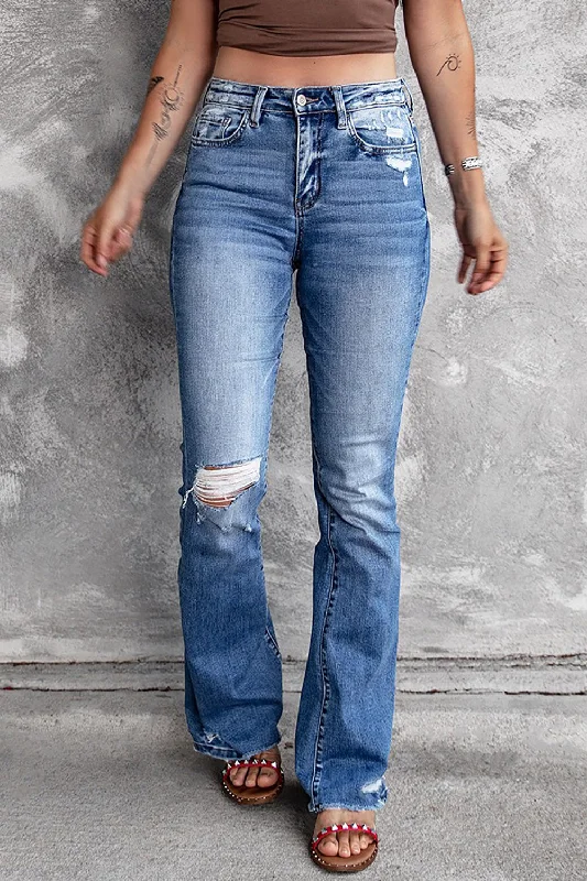 Dark Blue Ripped Raw Hem High Waist Flare Jeans