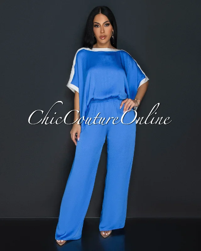 Vedette Blue Off-White Wide Sleeves & Legs Jumpsuit