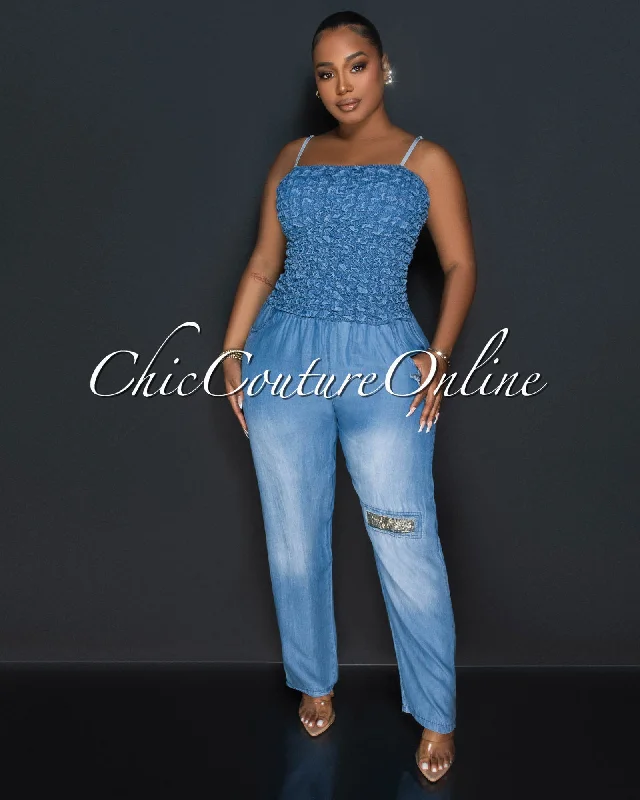 Via Denim Spaghetti Strap Smocked Top Straight Legs Jumpsuit