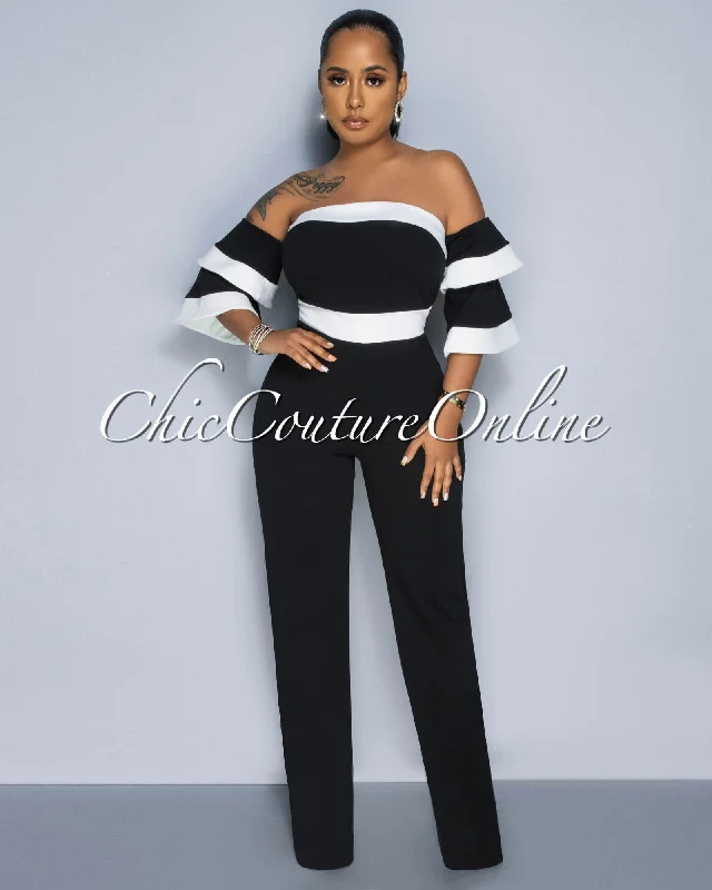 Tarima Black White Trim Ruffle Sleeves Jumpsuit