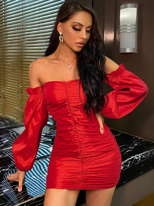 KittenAlarm - Off Shoulder puff sleeve Ruched Bodycon sexy party Dress