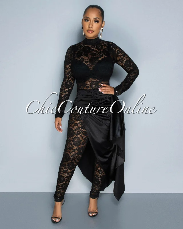 Brennan Black Lace Sheer Jumpsuit & Silky Skirt Set (SHIPS 1/18/25)