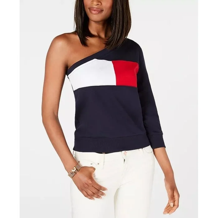 Tommy Hilfiger Women's One Shoulder Colorblocked Sweatshirt Navy Size Large