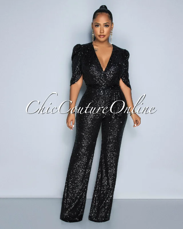 Mellie Black Sequins Bubble Sleeves Jumpsuit