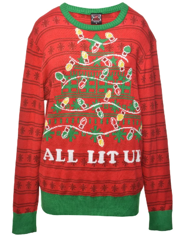 Christmas Tree Print Red Jumper - L