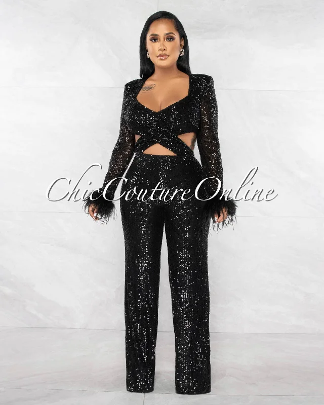 Thorne Black Sequins Cut-Out Waist Feather Cuffs Jumpsuit