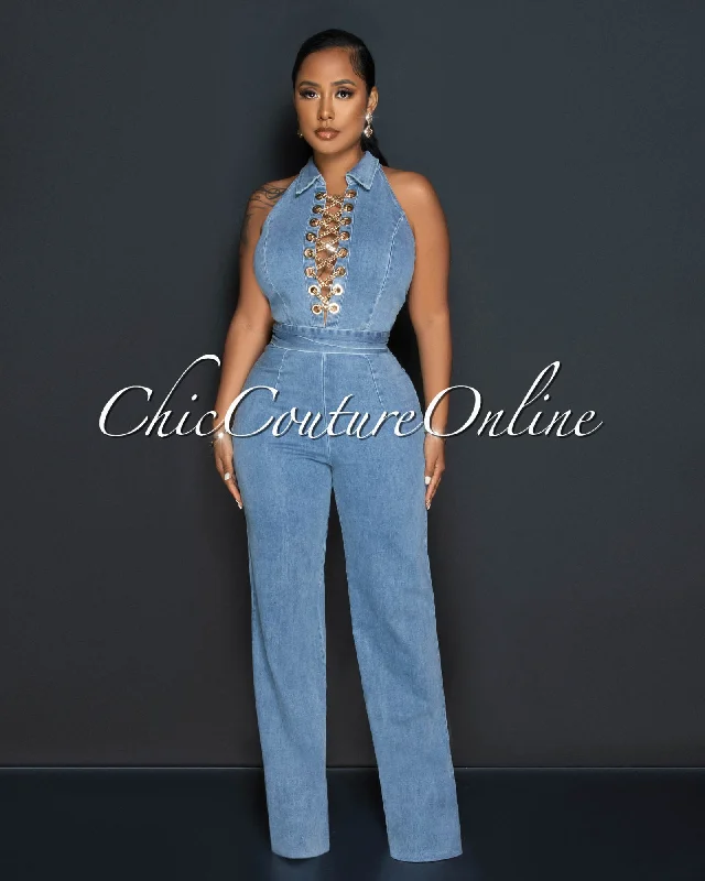 Blair Light Denim Gold Link Lace-Up Bust Halter Jumpsuit