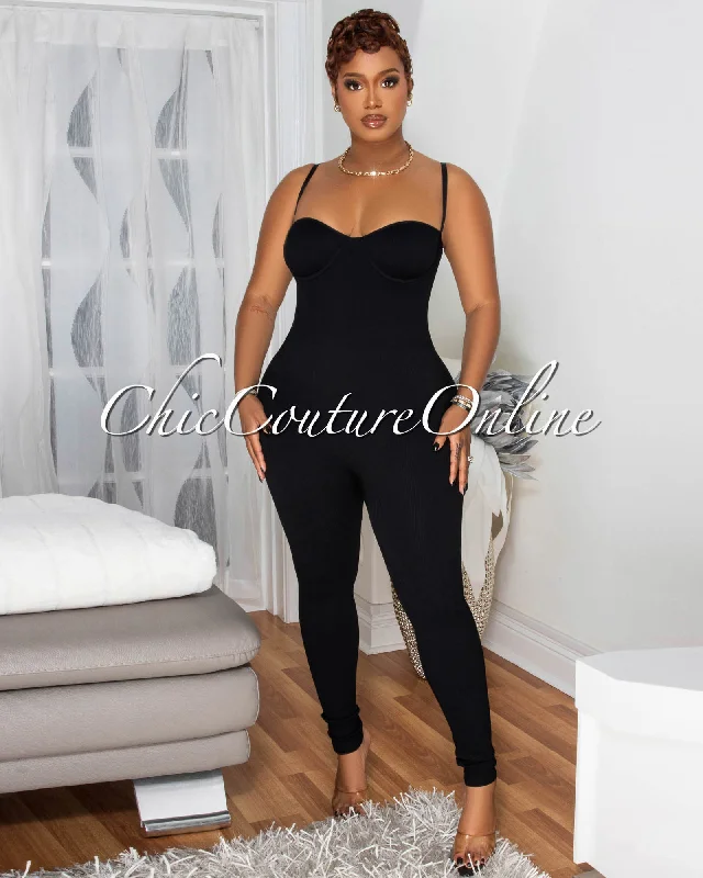 Leonie Black Ribbed BodyCon Jumpsuit