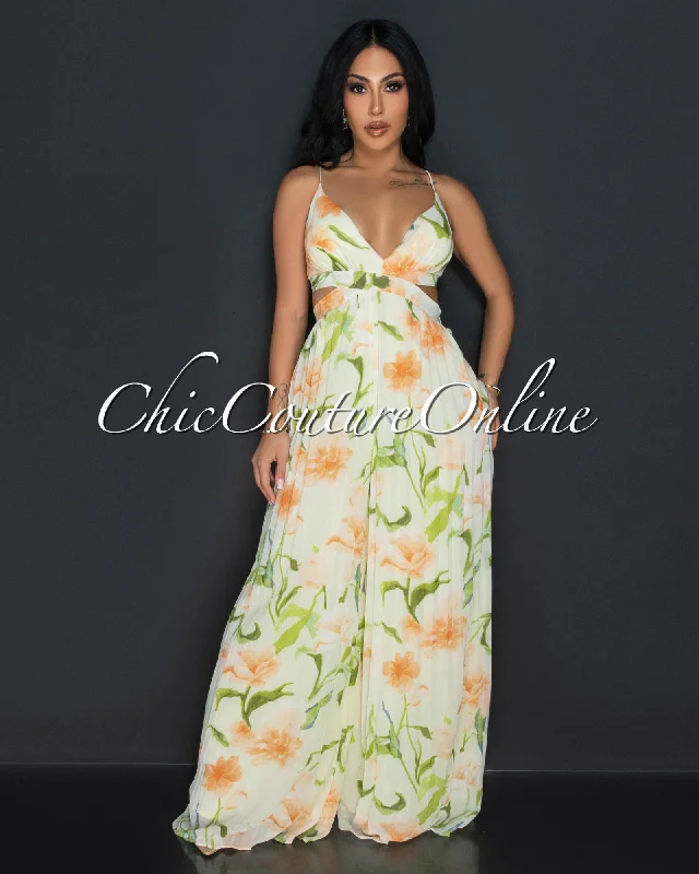 Lanu Green Orange Floral Halter Pleated Widelegs Jumpsuit