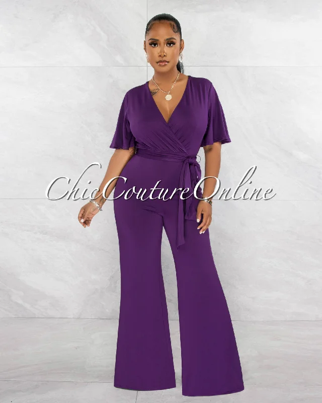 Reilly Purple V-Neck Self-Tie Belt Jumpsuit