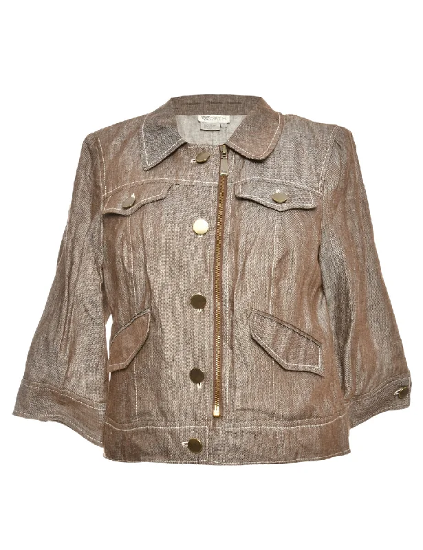 Button-Front Brown Cropped Jacket - M