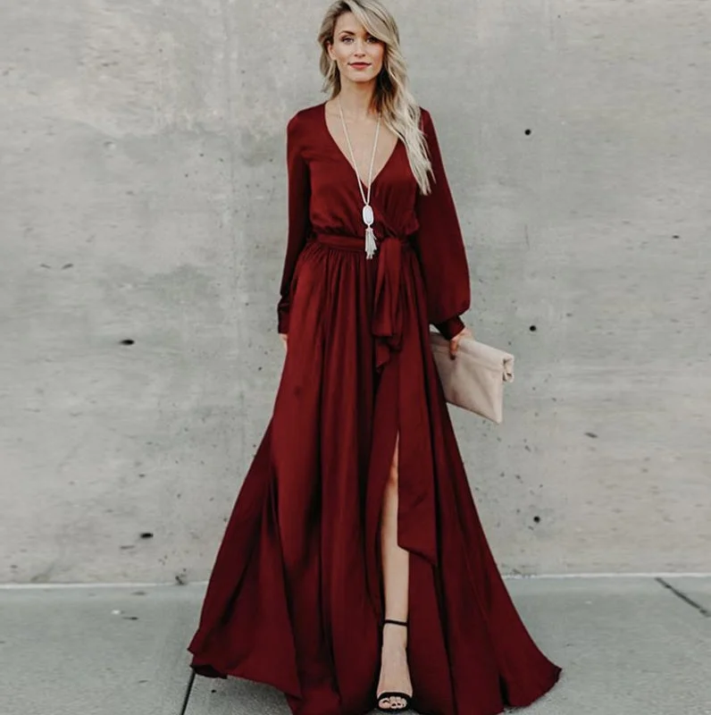 KittenAlarm - Women Casual Long Sleeve V Neck Slit hem Maxi Dress Belted Solid Color Ladies Elegant Long Dress