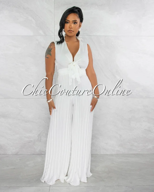 Glenis Off-White Front Tie Pleated Legs Silky Jumpsuit