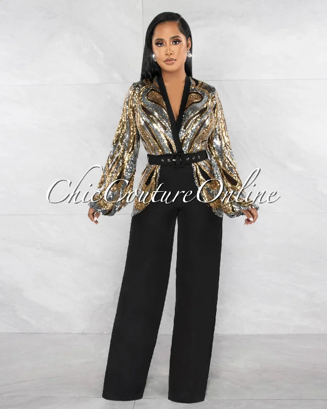 Grande Black Gold SIlver Sequins Top Belt Jumpsuit