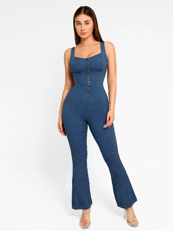 Shapewear Sculpting Denim Tank Flare Leg Jumpsuit