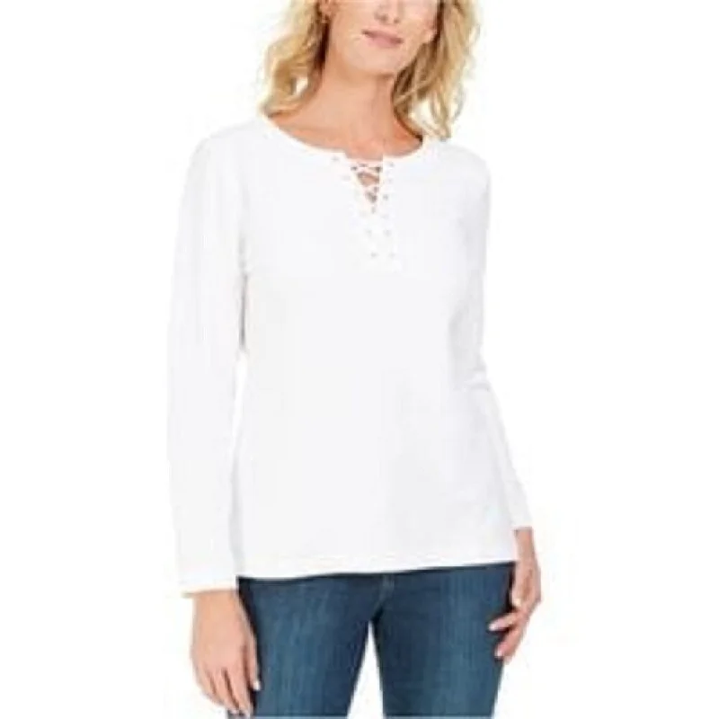 Karen Scott Women's Lace-Up French Terry Sweatshirt White Size Large