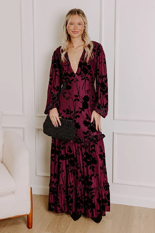 Moonlit Rendezvous Velvet Burnout Maxi Dress in Windsor Wine