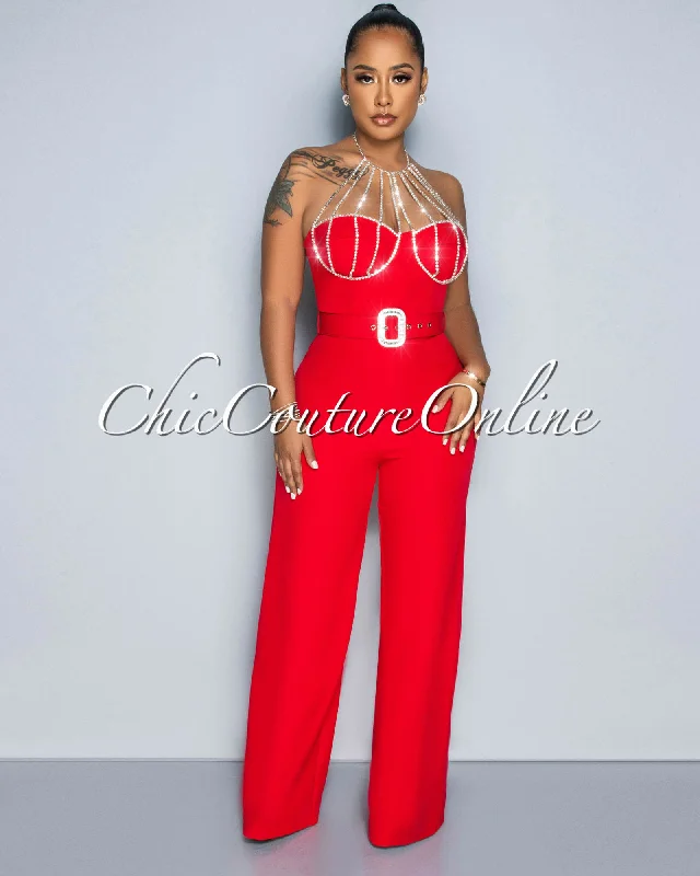 Paula Red Rhinestones Neckline Silver Buckle Belt Jumpsuit