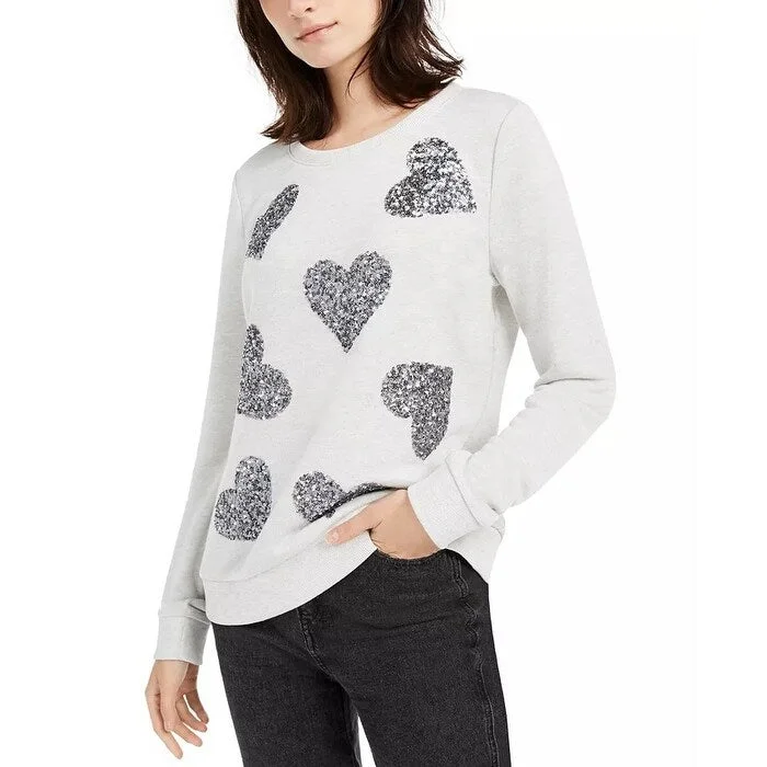 INC International Concepts Women's Sequin Heart Sweatshirt Silver Size Small