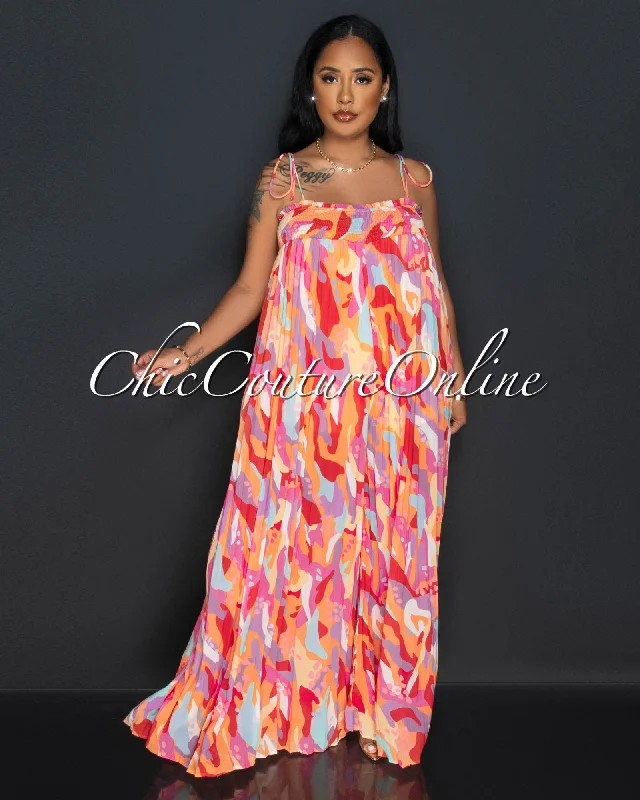 Passie Pink Orange Print Wide Pleated Jumpsuit