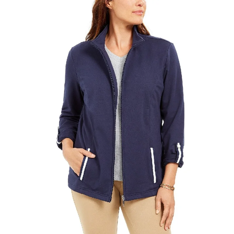 Karen Scott Women's Sport French Terry Ribbon-Trim Jacket Navy Size Medium