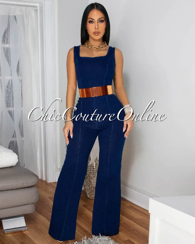 Lina Dark Denim Sleeveless Wide Legs Jumpsuit