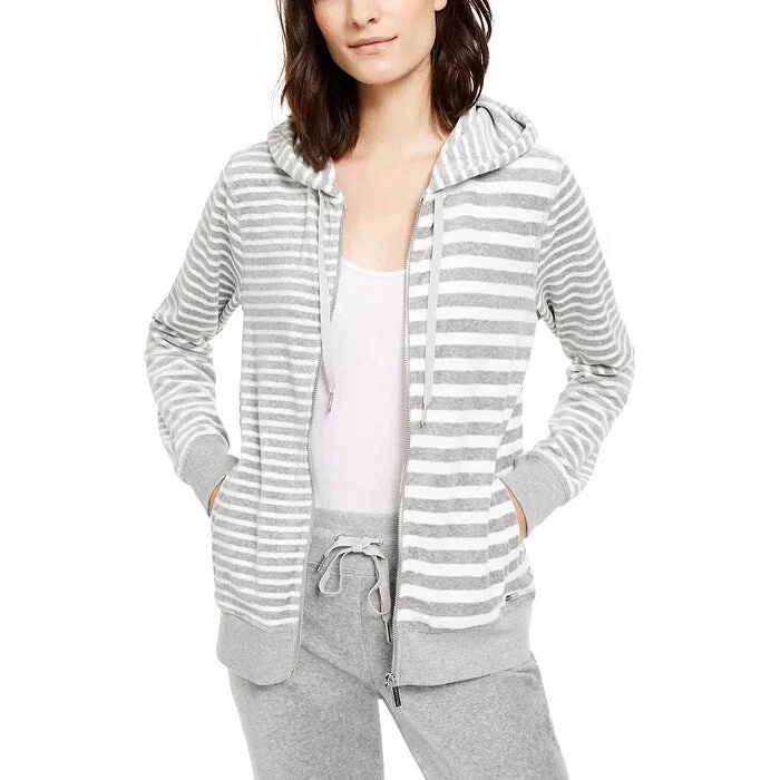 Calvin Klein Women's Velour Mixed-Stripe Zip-Up Hoodie Gray Size X-Small