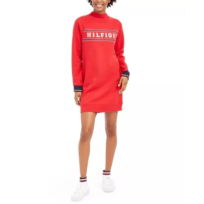 Tommy Hilfiger Women's Sport Mock Neck Sweatshirt Dress Medium Red Size X-Large