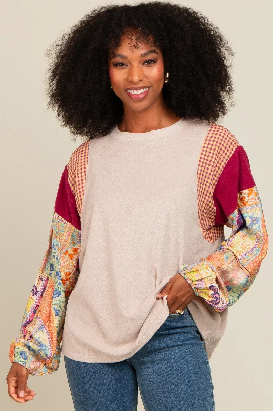 Beige Mixed Print Bubble Sleeve Top