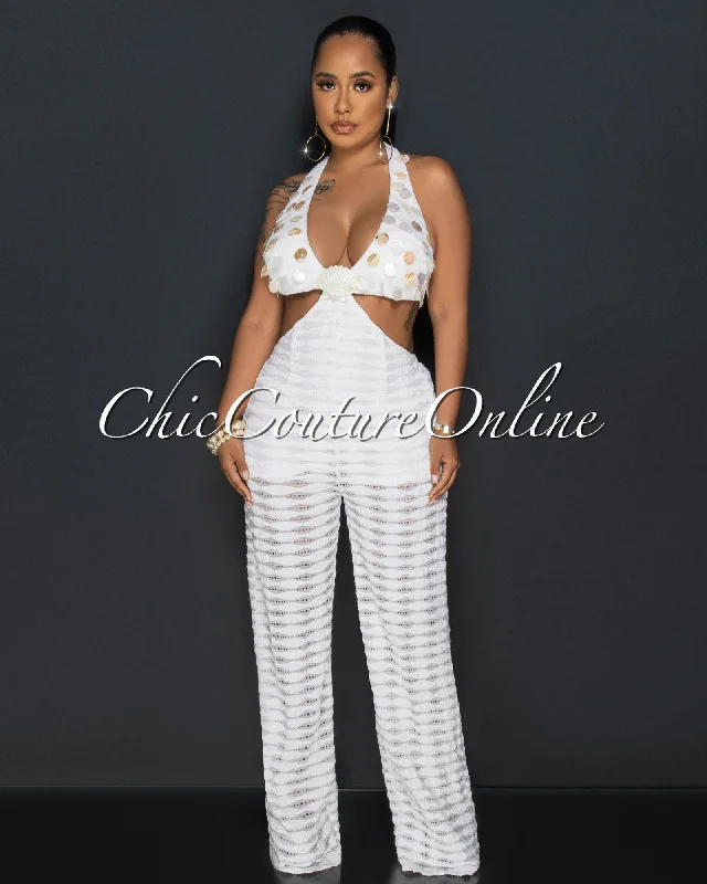 Liddie Cream Crochet Halter Top Jumpsuit