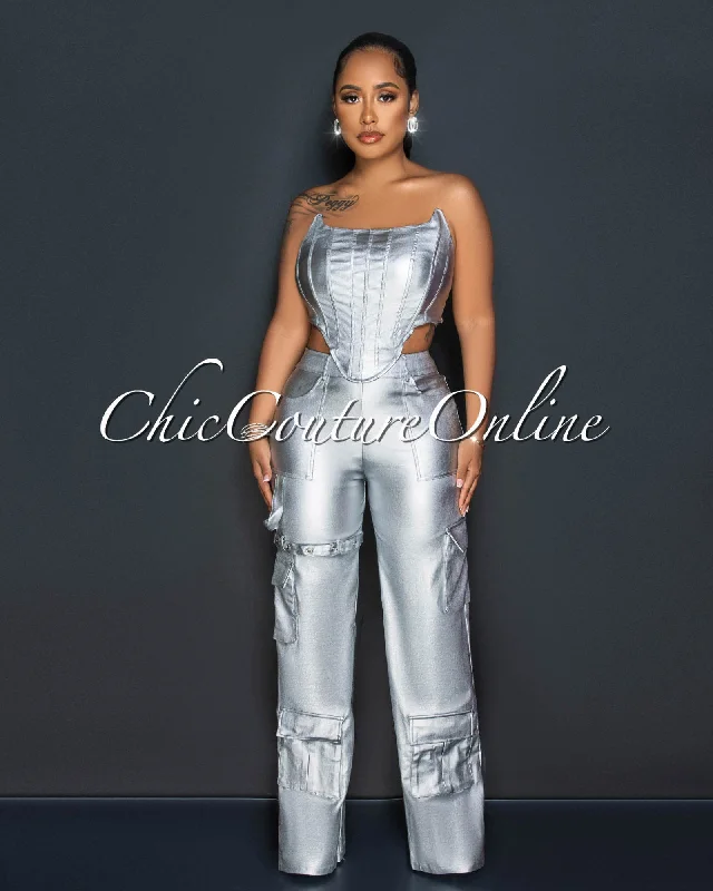 Angie Silver Corset Cut-Out Cargo Metallic Jumpsuit