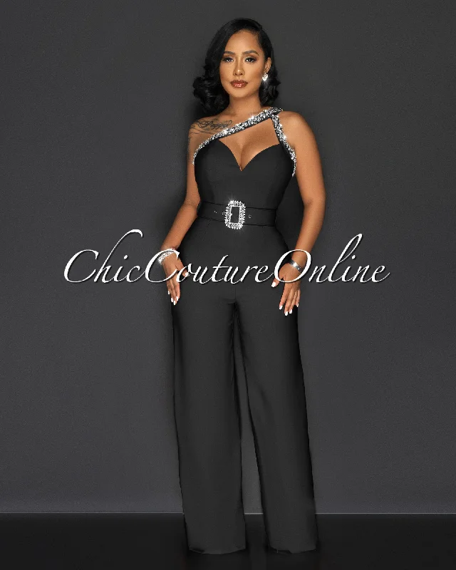 Montse Black Rhinestones Neckline Silver Buckle Belt Jumpsuit