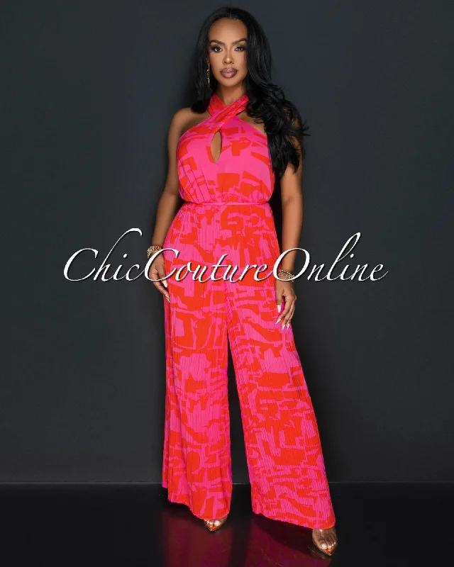 Anara Orange Fuchsia Print Cross Neckline Pleated Jumpsuit